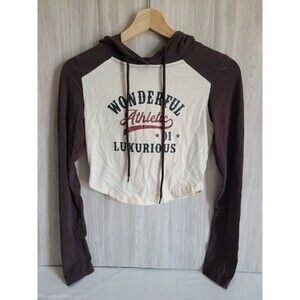 Dazy Cropped Hoodie Size M Two-Tone Brown White Graphic Pullover Top